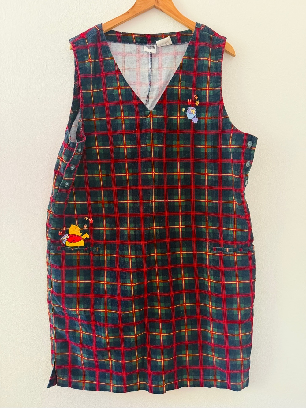 Vintage Disney Winnie the Pooh Women's Plaid Corduroy Sleeveless Jumper Dress